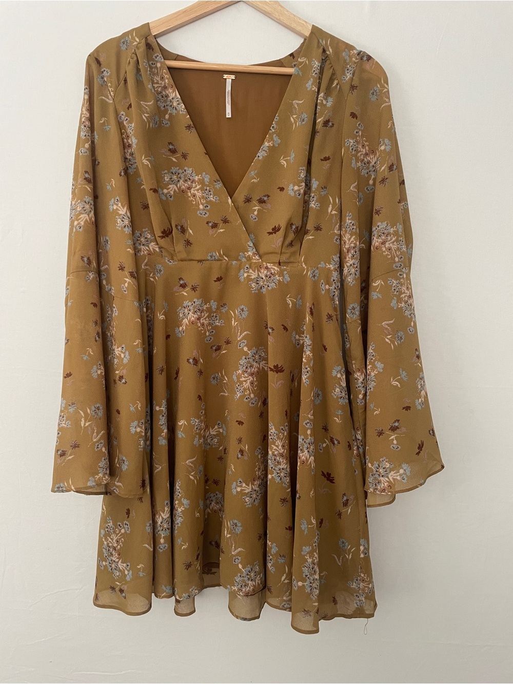Free People Mustard Floral V-Neck Long Sleeve Dress